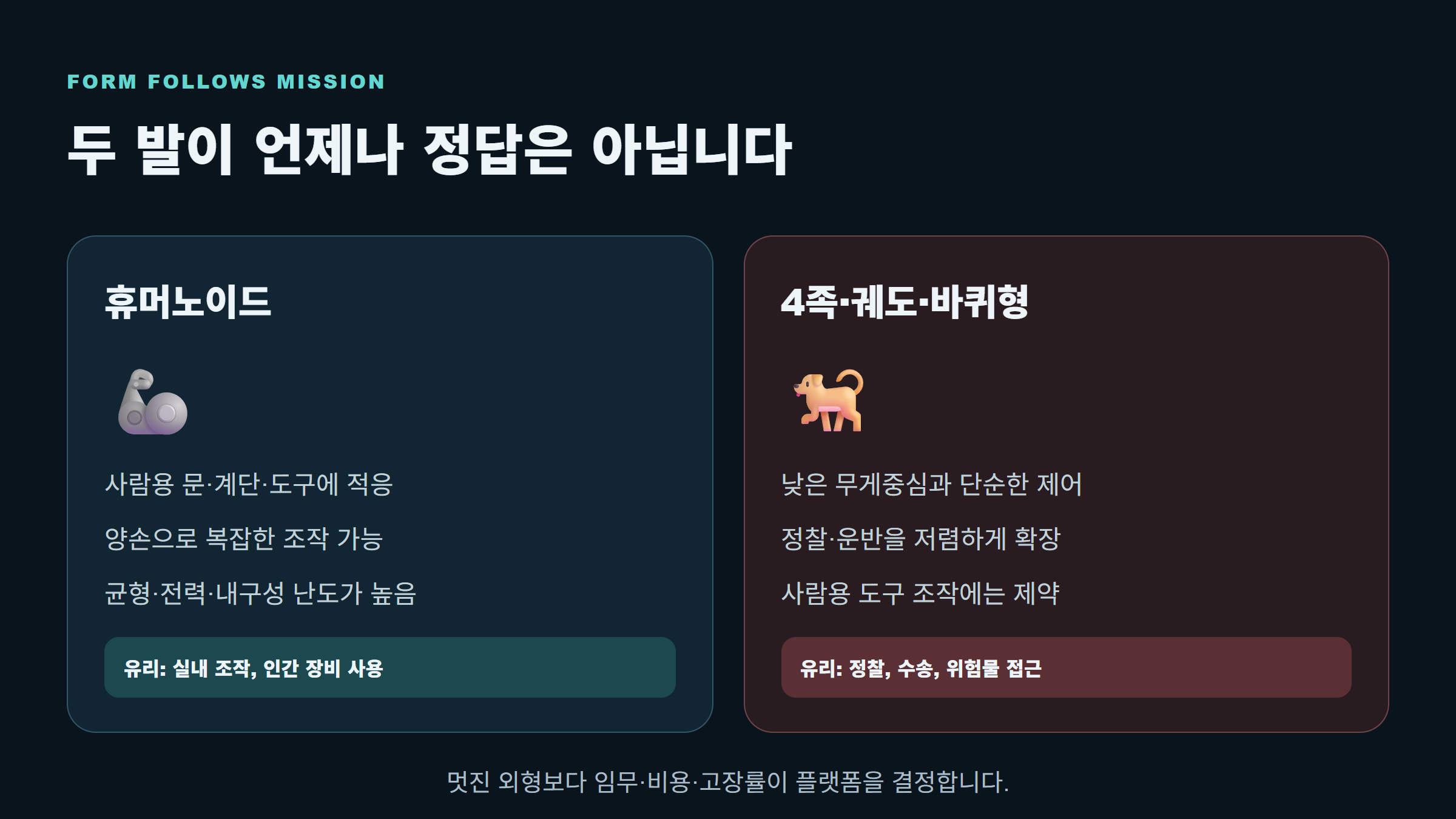 임무에 따라 휴머노이드와 4족·궤도·바퀴형 로봇의 장단점이 달라짐을 비교한 도표.