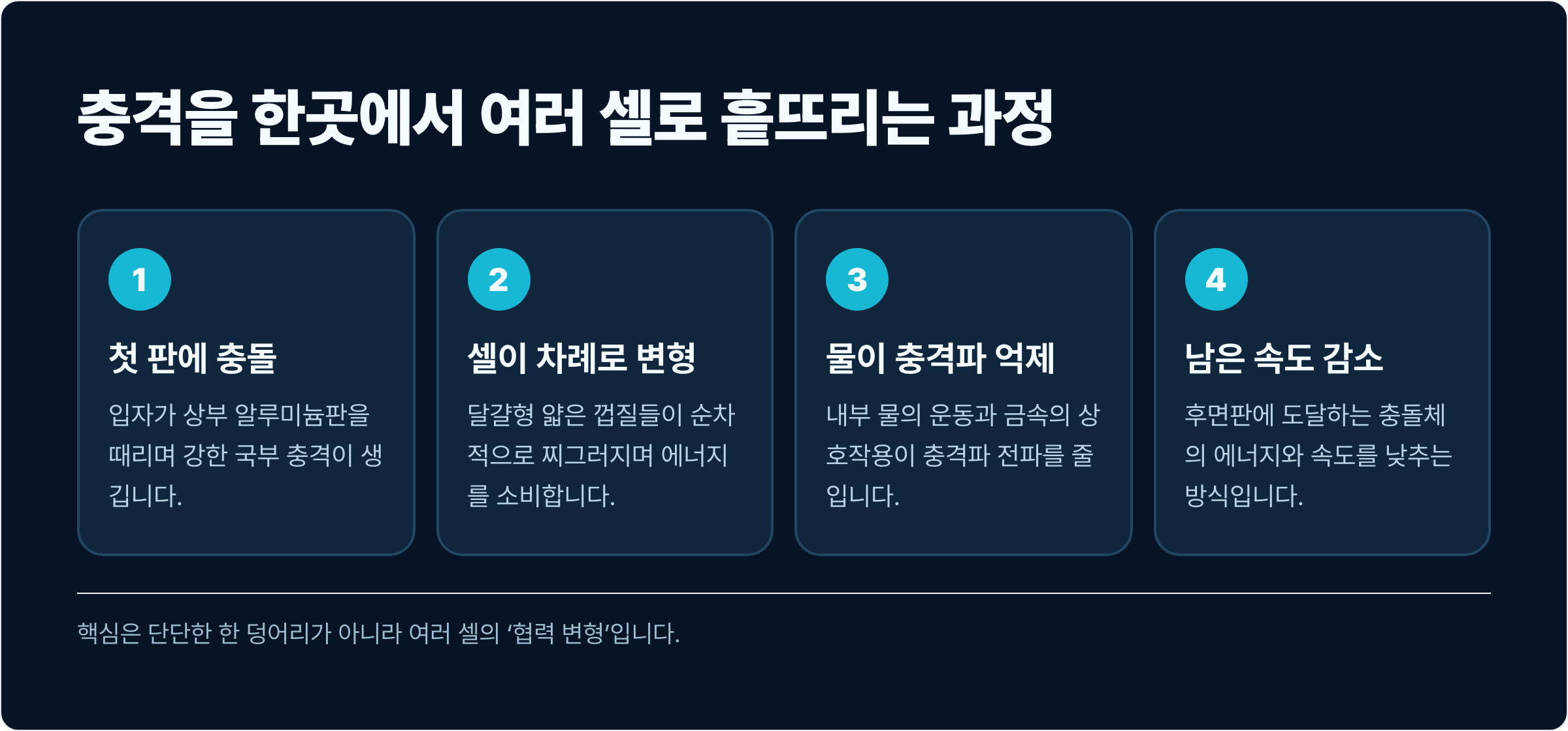 상부판 충돌부터 셀의 순차 변형, 물의 충격파 억제, 잔여 속도 감소까지 네 단계로 설명한 도표.