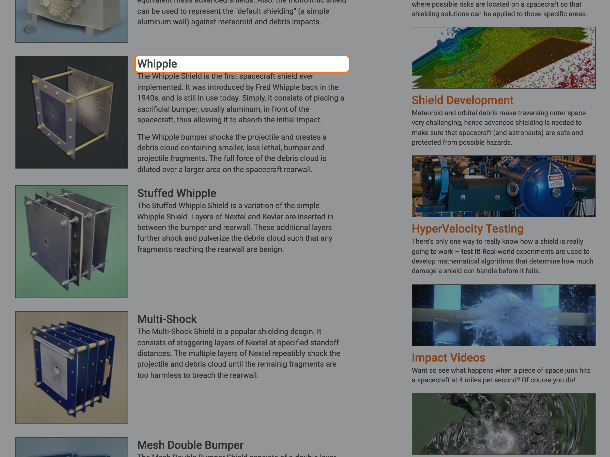 NASA Hypervelocity Impact Technology 페이지가 단일판, Whipple, Stuffed Whipple 방어막의 차이를 설명하는 공식 화면.