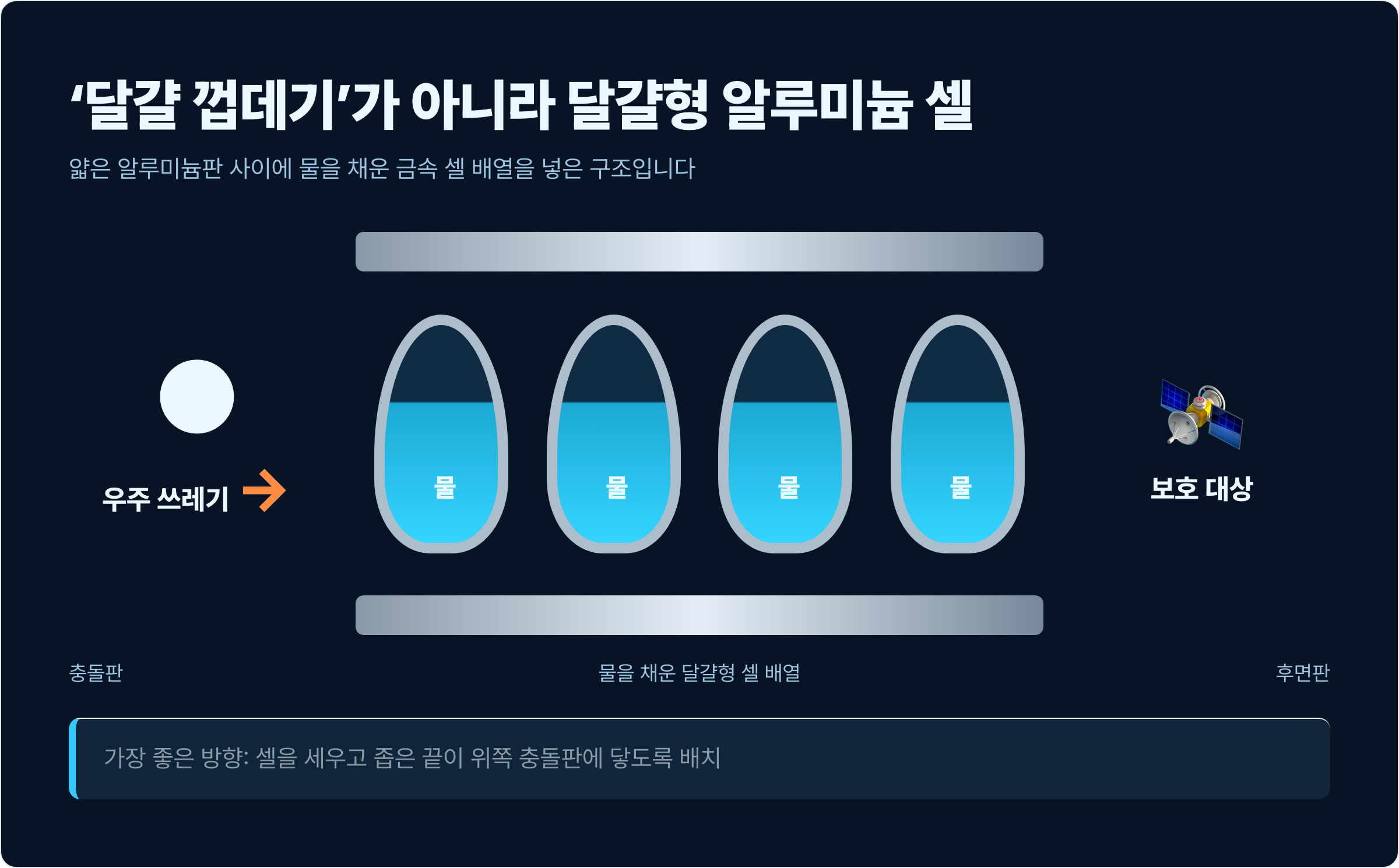 두 알루미늄판 사이에 물을 채운 달걀형 금속 셀을 세워 넣은 방어막 구조도.