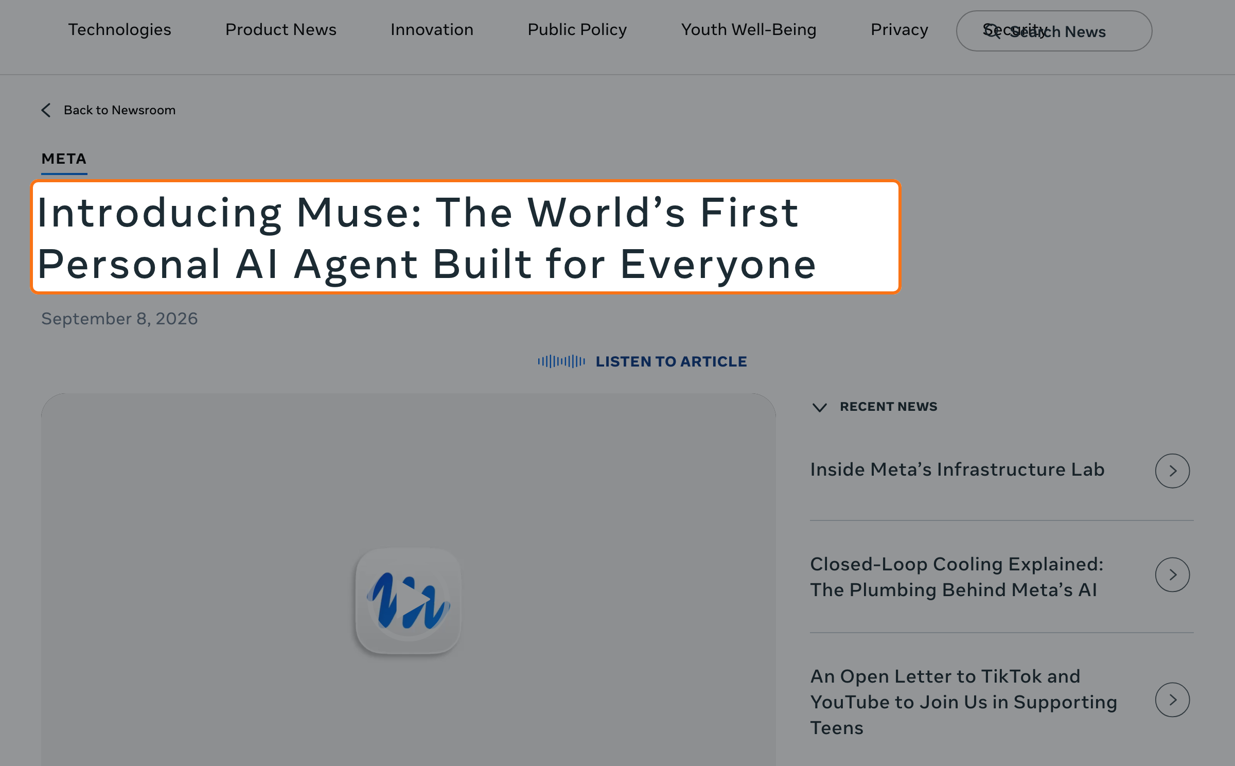 Meta 공식 발표 페이지에서 개인 AI 에이전트 Muse의 출시와 전용 Secure VM, WhatsApp 사용을 소개하는 화면.