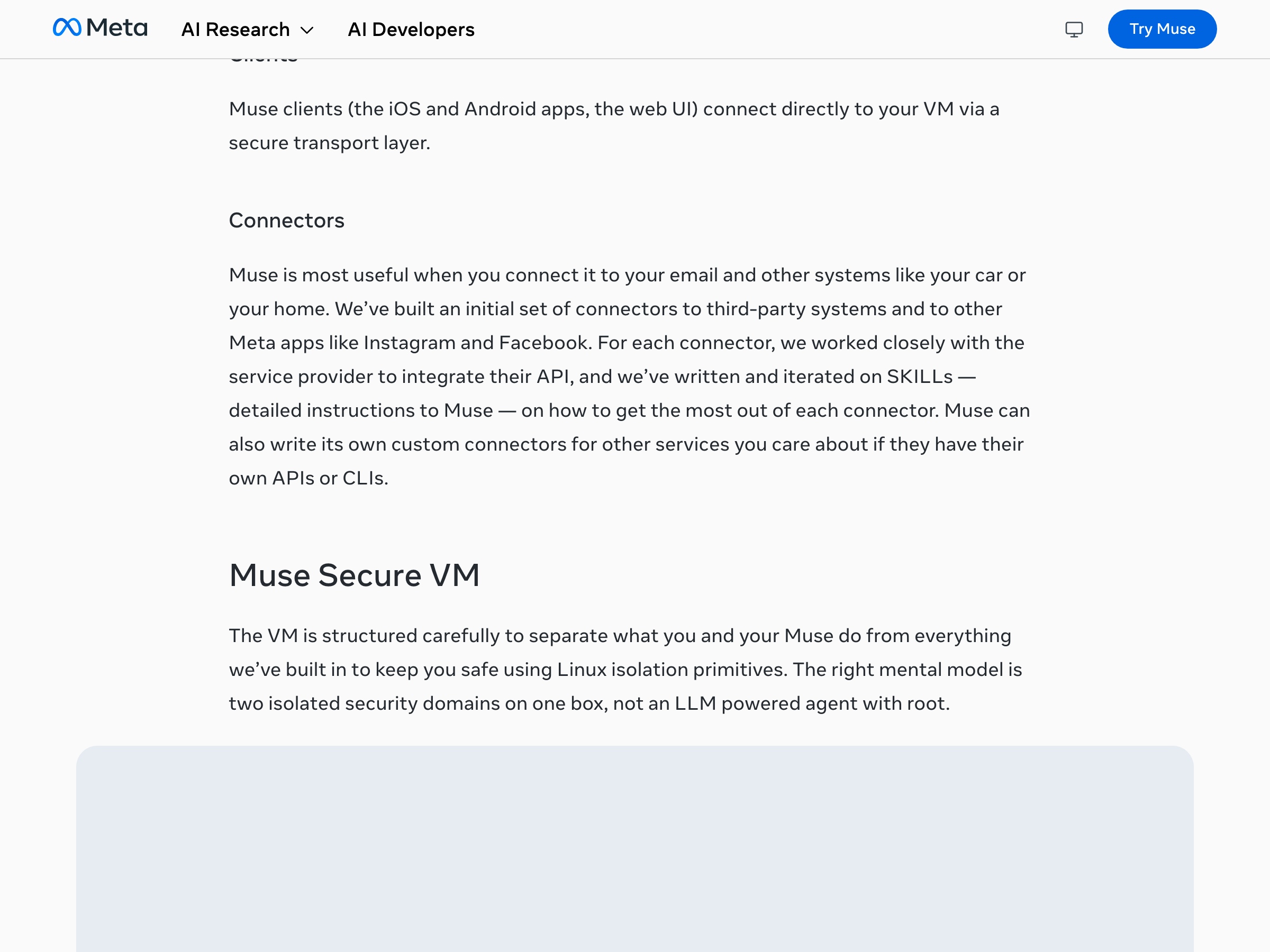 Meta AI Research 공식 기술 문서에서 사용자별 전용 클라우드 컴퓨터인 Muse Secure VM 구조를 설명하는 화면.