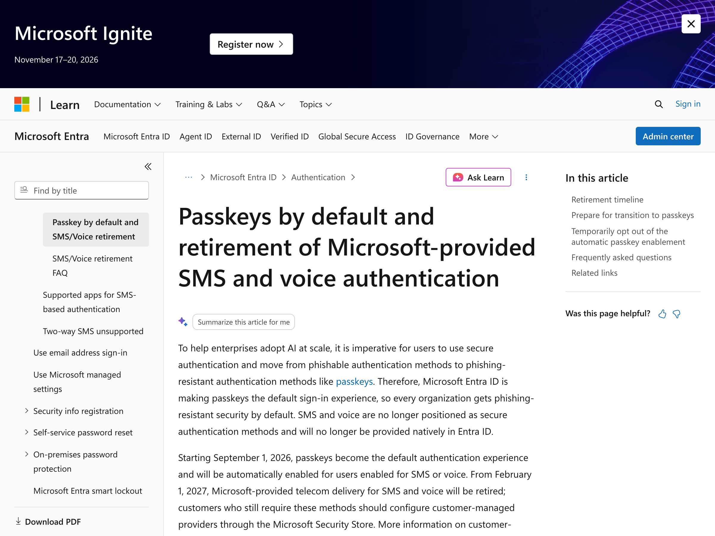 Microsoft Entra ID 공식 문서에서 2026년 9월 1일 패스키 기본 전환과 2027년 2월 1일 Microsoft 제공 SMS·음성 종료 일정을 확인할 수 있는 화면.