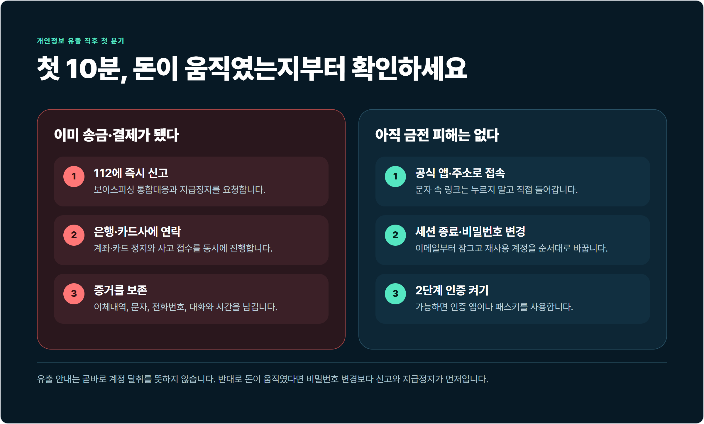 개인정보 유출 직후 돈이 움직였으면 112와 금융회사에 먼저 연락하고, 금전 피해가 없으면 공식 사이트에서 세션 종료·비밀번호 변경·2단계 인증을 하는 첫 10분 대응표.