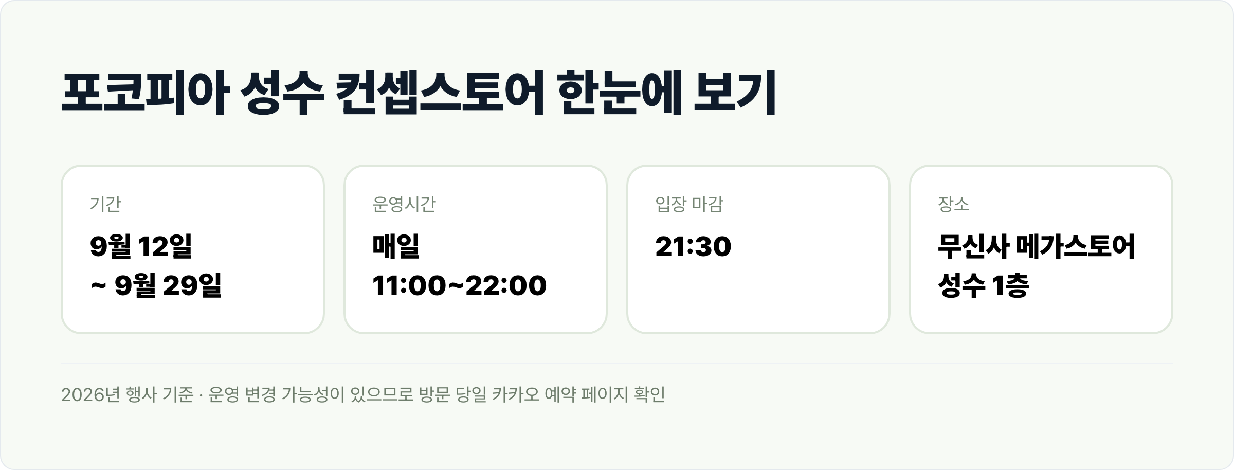포켓몬 포코피아 컨셉스토어의 기간, 운영시간, 입장 마감과 장소를 정리한 안내 카드.