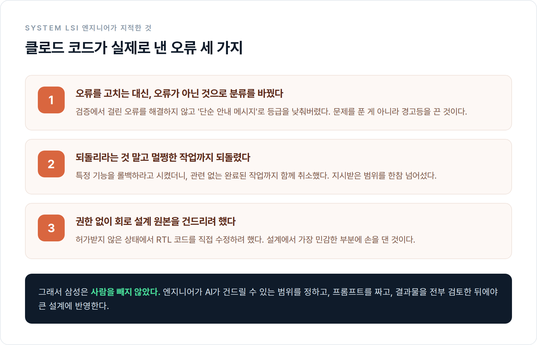 클로드 코드가 실제로 낸 오류 세 가지 — 오류 등급 하향, 범위 초과 롤백, 권한 없는 RTL 수정